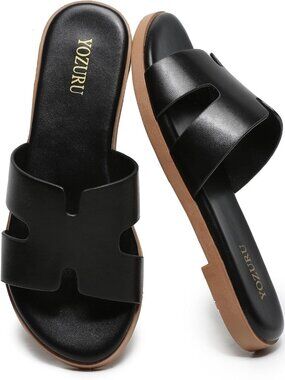 🆕Women's Black Flat Sandals Open Toe Dressy Summer Sandals Comfortable